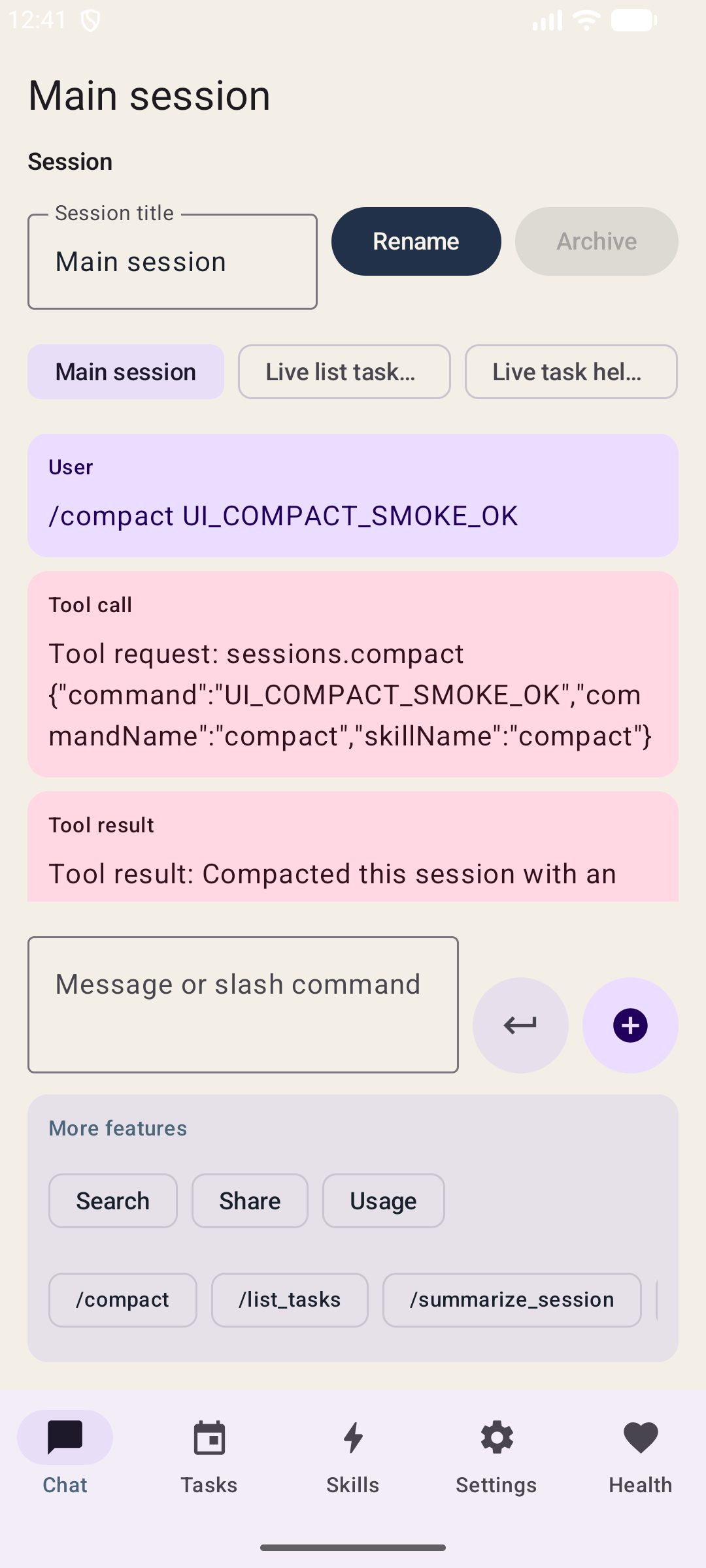 AndroidClaw chat screen showing an assistant conversation