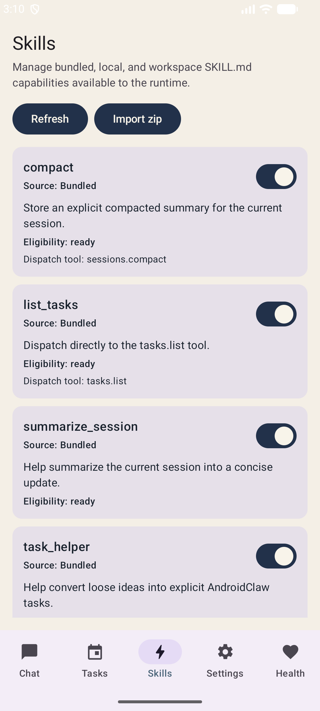AndroidClaw skills screen showing skill inventory and import controls