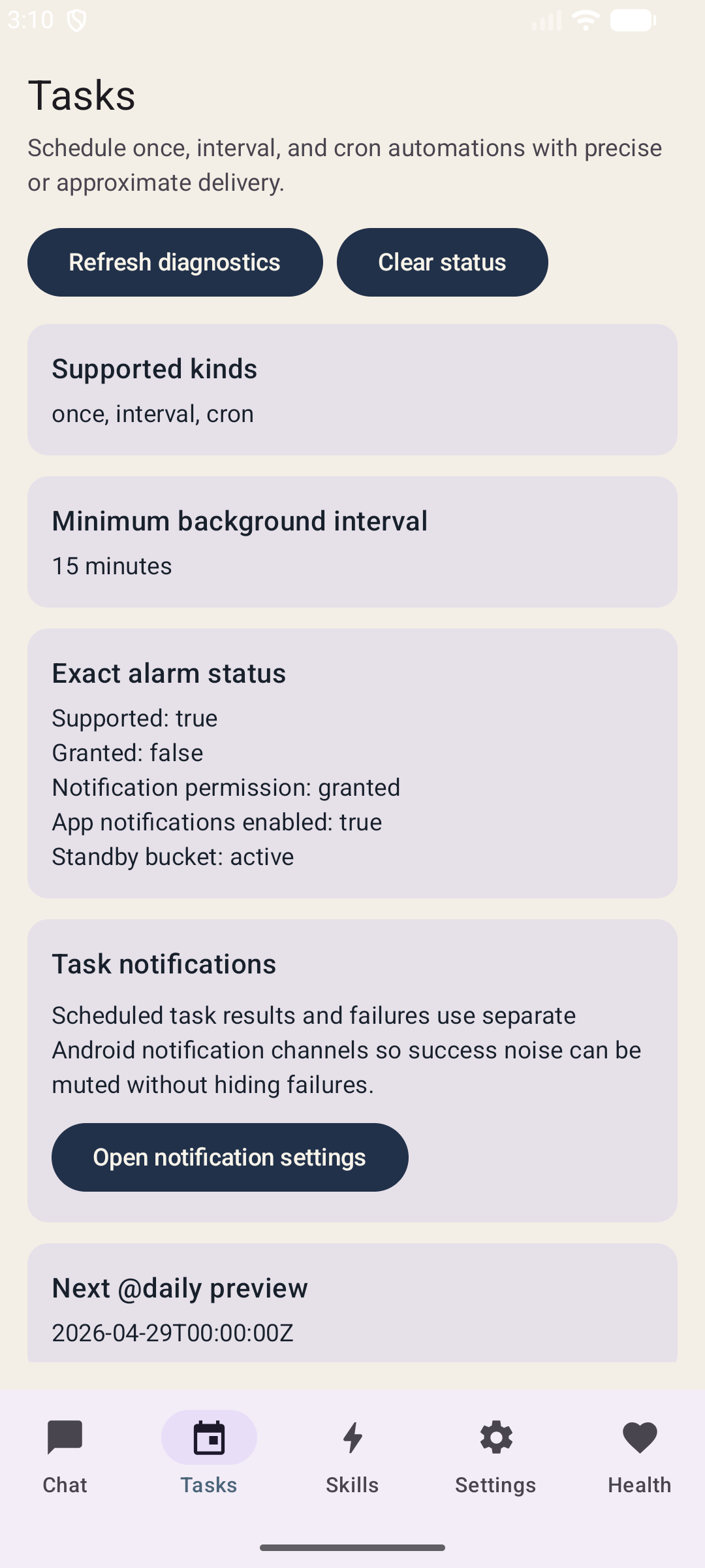 AndroidClaw tasks screen showing scheduler diagnostics and task creation
